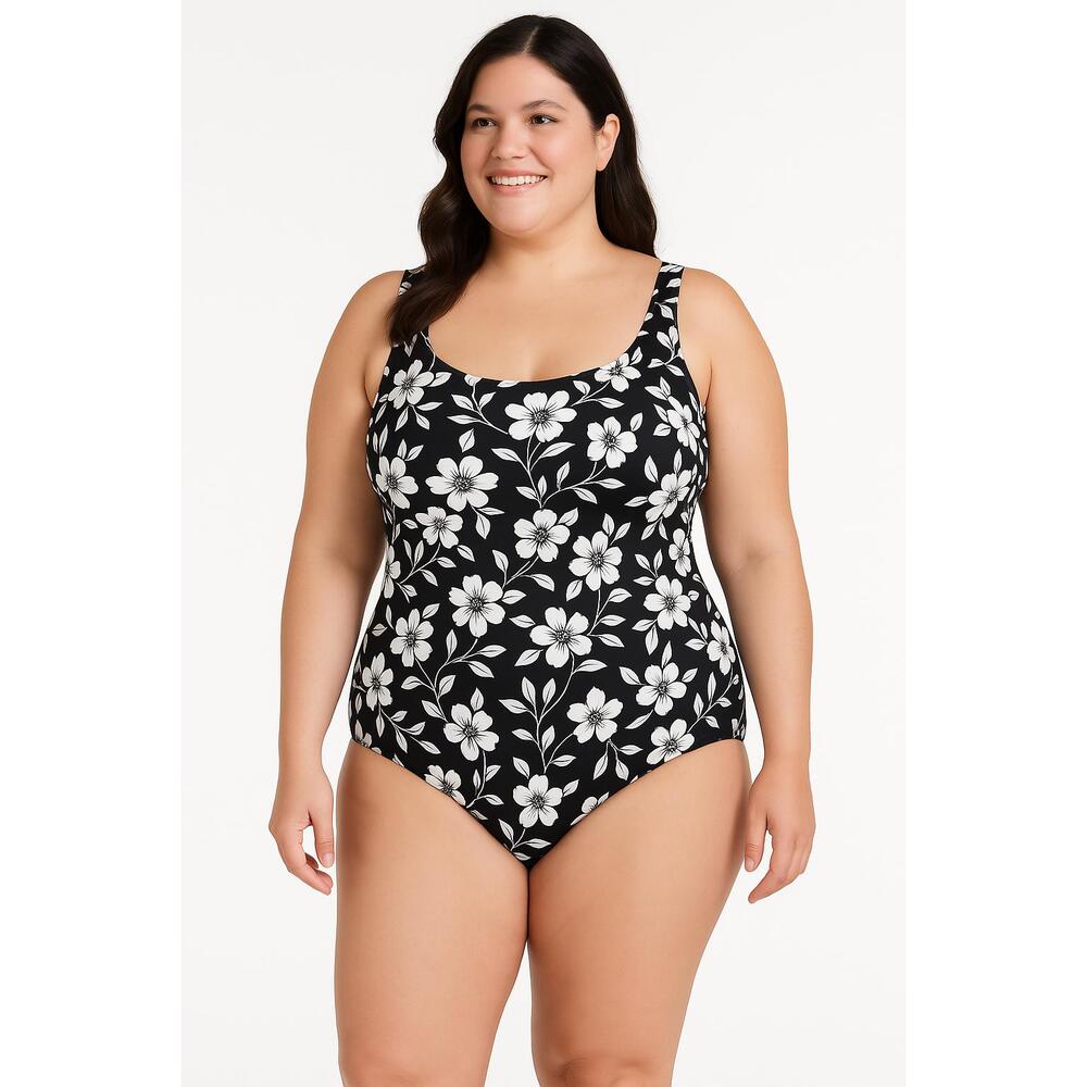 Lands' End Black & White Floral One-Piece Swimsuit